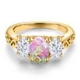 thumbnail image 3 of Gem Stone King 18K Yellow Gold Plated Silver Pink Opal and White Moissanite Filigree Style 3 Stone Ring for Women (2.05 Cttw, Oval 8X6MM and 6X4MM) (Size 5), 3 of 6