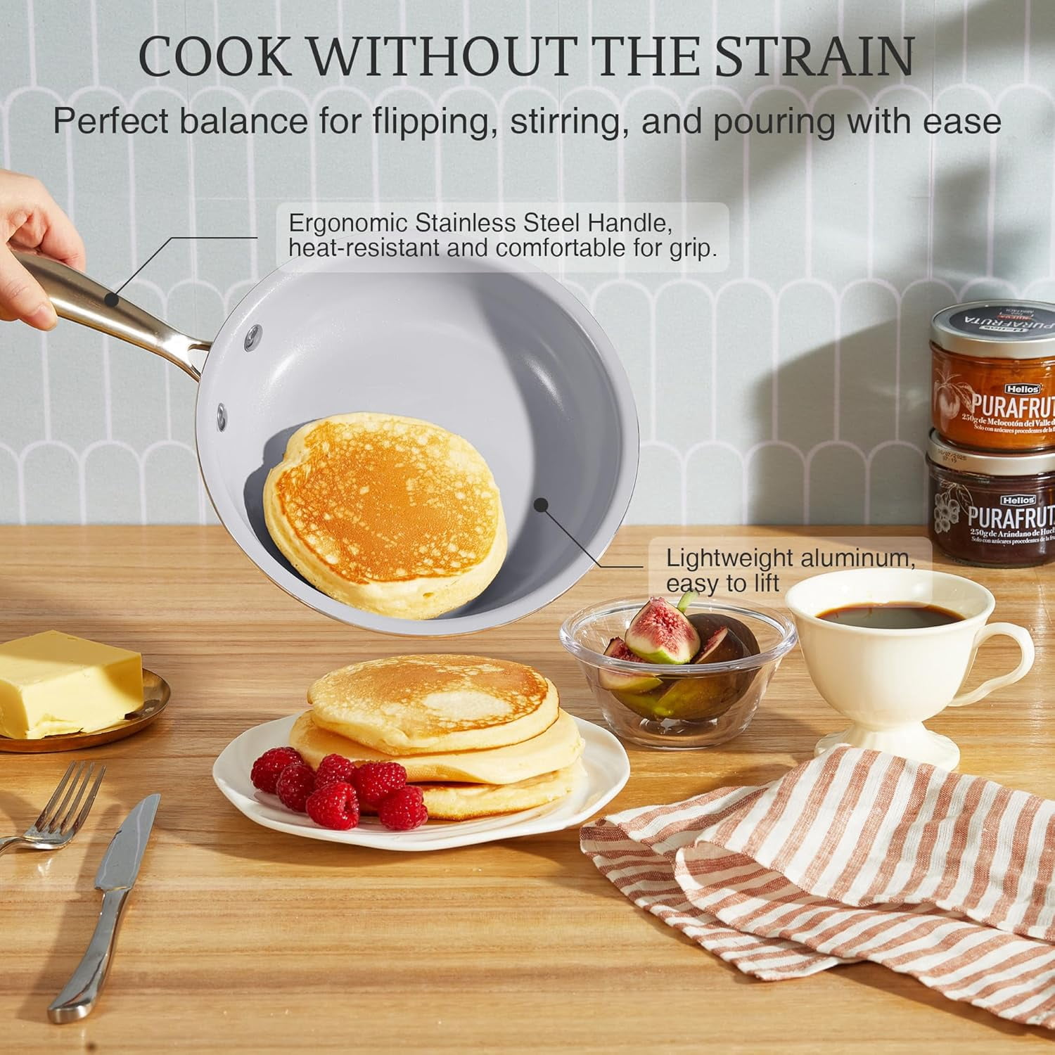 KITEXPERT Non Stick Frying Pans Set, Titanium Ceramic Pan Skillet Set Non Toxic, 8" 9.5" 11" Nonstick Frying Pan, Stainless Steel Handle, Dishwasher & Oven Safe,, Cream