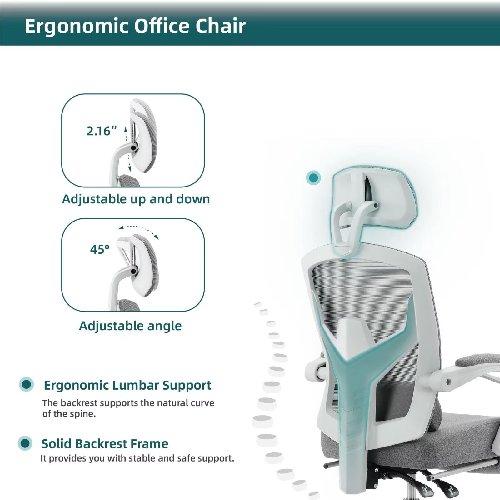 Simple Deluxe Retractable Footrest Ergonomic Swivel Office Chair with Lumbar Support Pillow and Padded Armrests, Grey