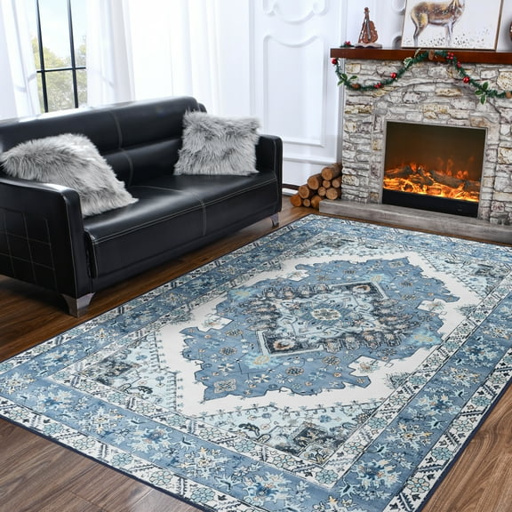 Lochas Vintage Boho Fluffy Rug Chenille Low Pile Area Rugs for Bedroom Living Room Indoor Floor Carpet Home Decor,9'X11',Blue