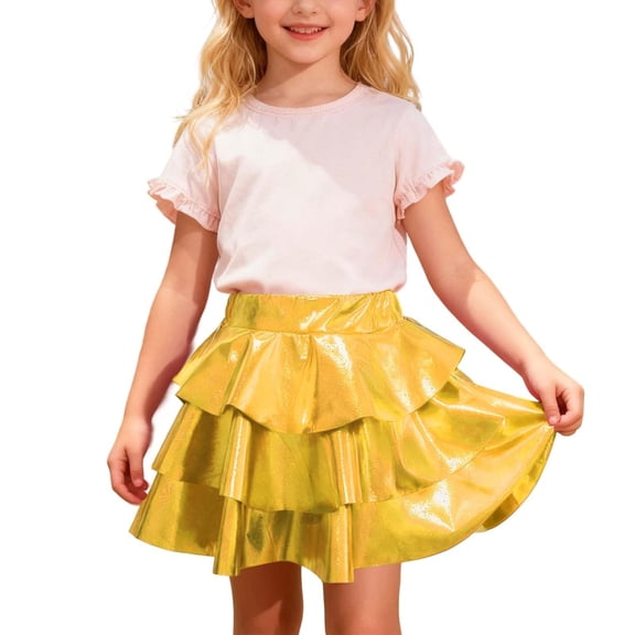 EnJoCho Girls Ruffle Shiny Skirt Sparkly Flared Pleated Skirts Kids High Waisted Metallic Skater Skirts for Dance Par𝗍y Girls Tulle Skirt