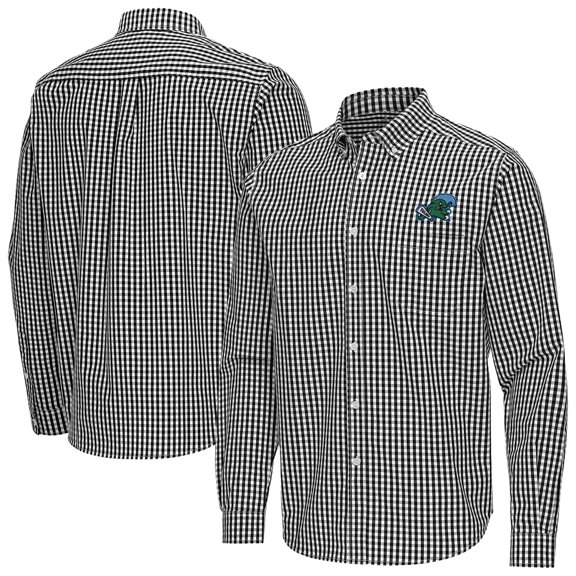 Men's Antigua Black Tulane Green Wave Ellis Woven Tri-Blend Long Sleeve Button-Down Shirt