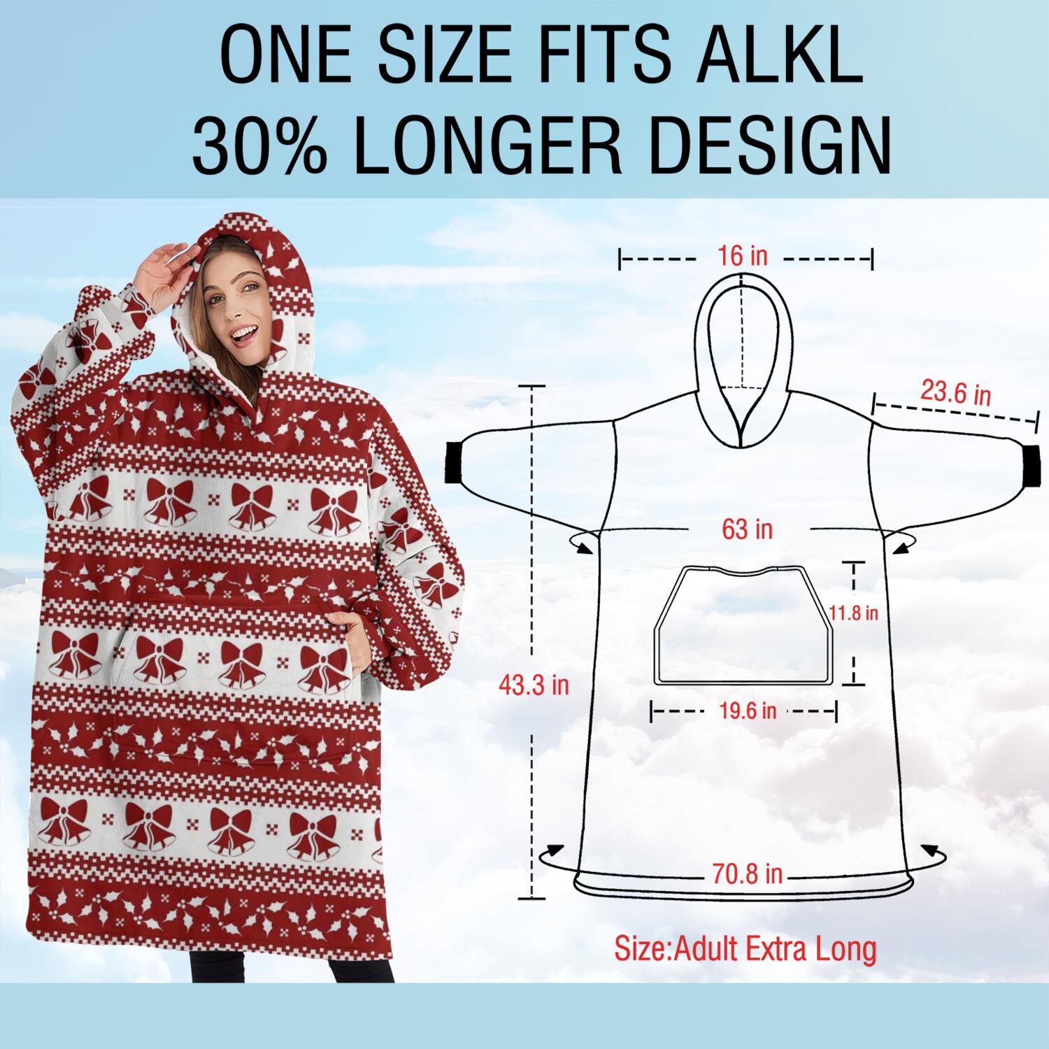Oversized Wearable Blanket Hoodie,Red Christmas Knitted Pattern Sherpa Blanket Hoodie with Super Pockets,Super Warm Fuzzy Pullover for Women & Men