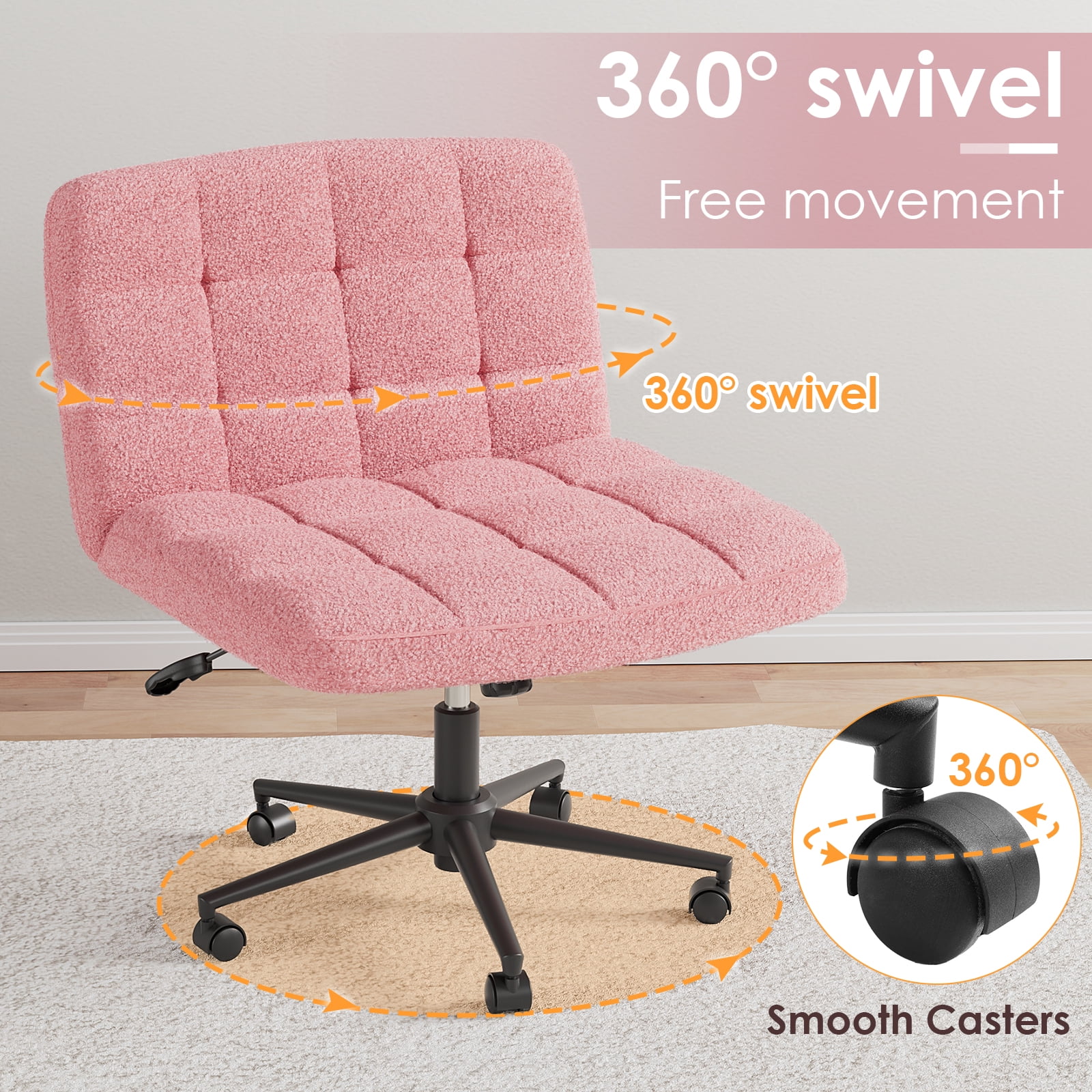 Pirecart Swivel Criss Cross Legged Office Chair, Armless Desk Chair with Wheels, Height Adjustable Vanity Chair with Comfy Cushion for Office, Vanity, Bedroom, Sherpa Fleece, Pink