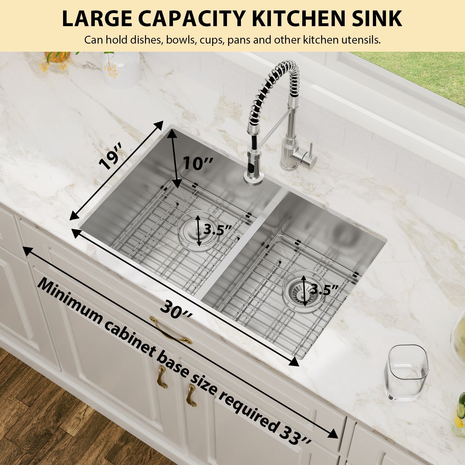 30 in. Undermount 50/50 Double Bowl 16-Gauge Stainless Steel Low Divided Kitchen Sink with 2 Pcs Bottom Grids/Drains
