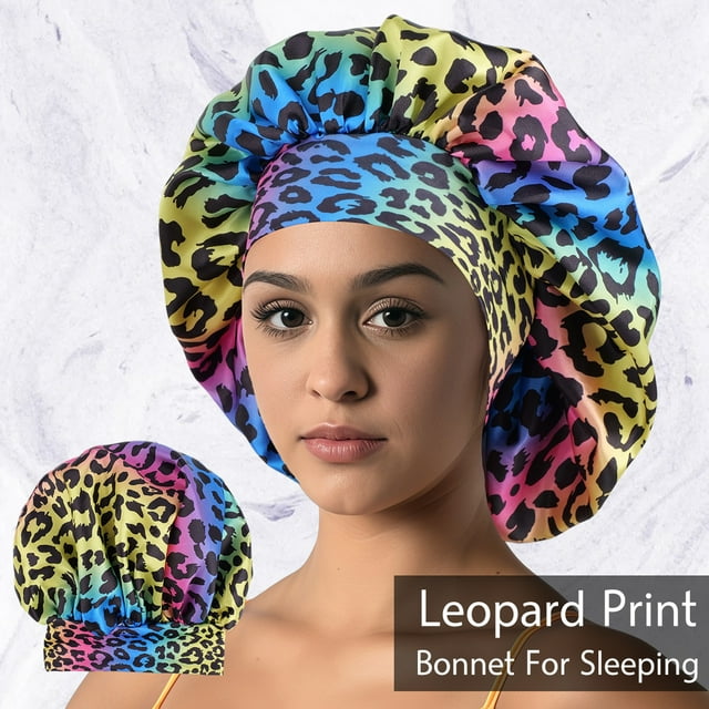 Luxurious Women's Satin Sleep Bonnet All-Over Leopard Print Nightcap for Hair Care And Fashion Style ColorfulLeopard 1PC