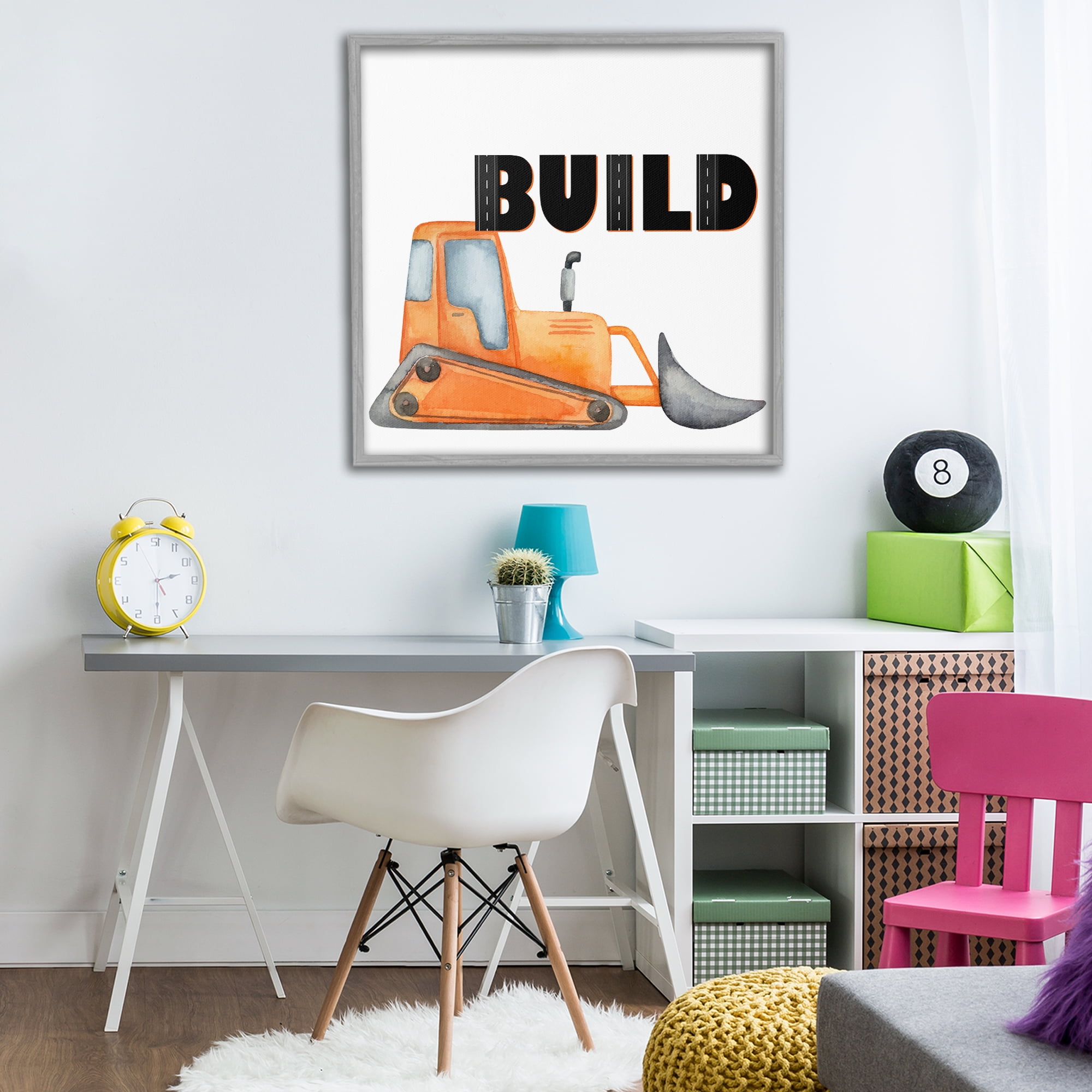 Build with Orange Bulldozer Gray Framed Giclee Art, design by Kim Allen