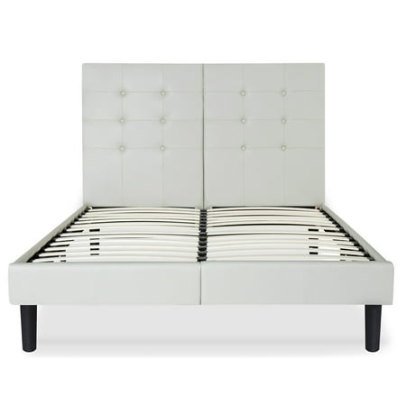 2 Inch Platform White Leather - Sleeplanner 14-inch Full-Size Upholstered Bed Frame with White Button Faux Leather Headboard