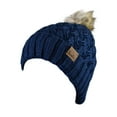 thumbnail image 2 of C.C Thick Cable Knit Faux Fuzzy Fur Pom Fleece Lined Skull Cap Cuff Beanie, Lattice Navy, 2 of 4