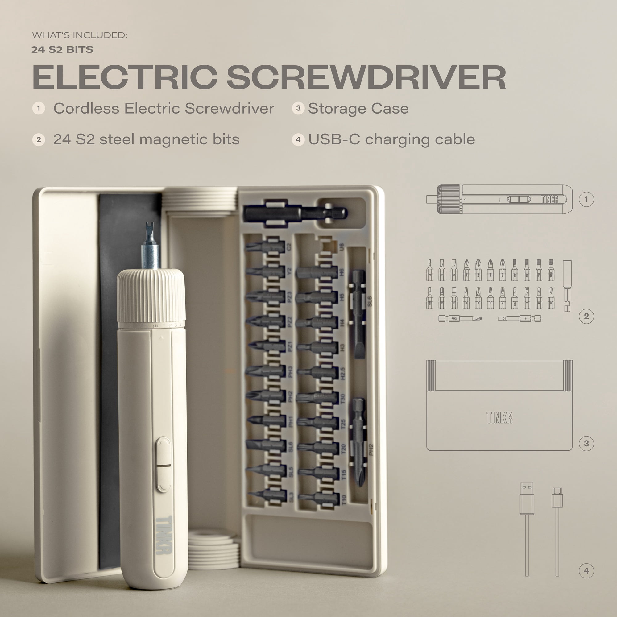TINKR Electric Screwdriver Set, Cream