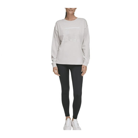 Calvin Klein Performance Women's Metallic Logo Crewneck Long-Sleeve Cotton T-Shirt - Chalk
