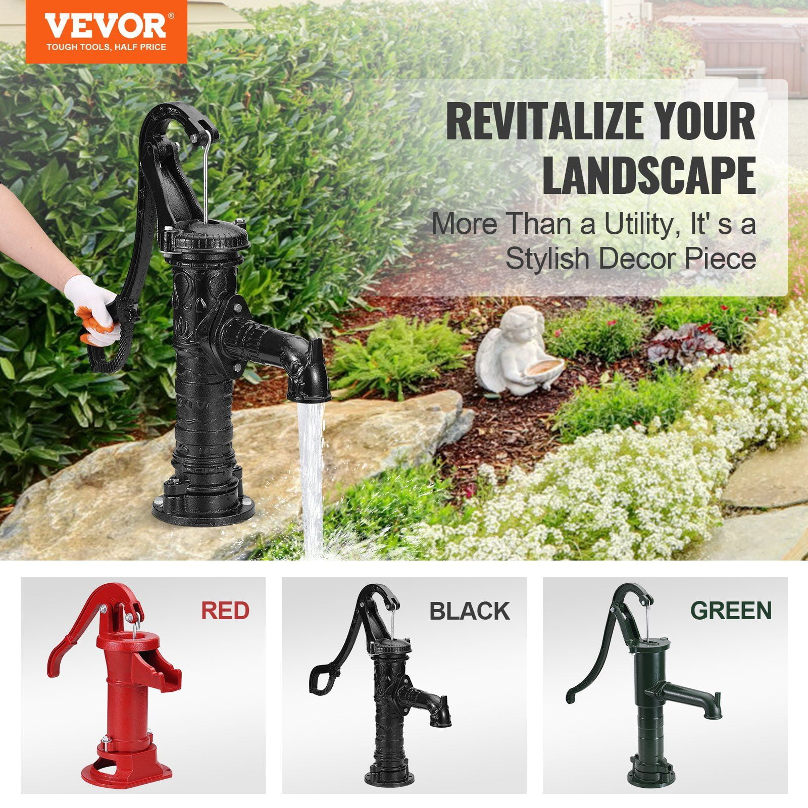 Old Fashioned Cast Iron Hand Pump for Well, 14.6 x 5.9 x 25.6 Inch Pitcher Water Pump with Handle, Antique Yard Garden Pond Pump, Pre-Set 0.5" Holes for Quick Installation, Black