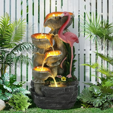 5-Tier Floor-Standing Cascading Water Fountain - 25" H Indoor/Outdoor Flamingos Fountain With 5 LED Lights for Garden, Patio, Backyard and Home