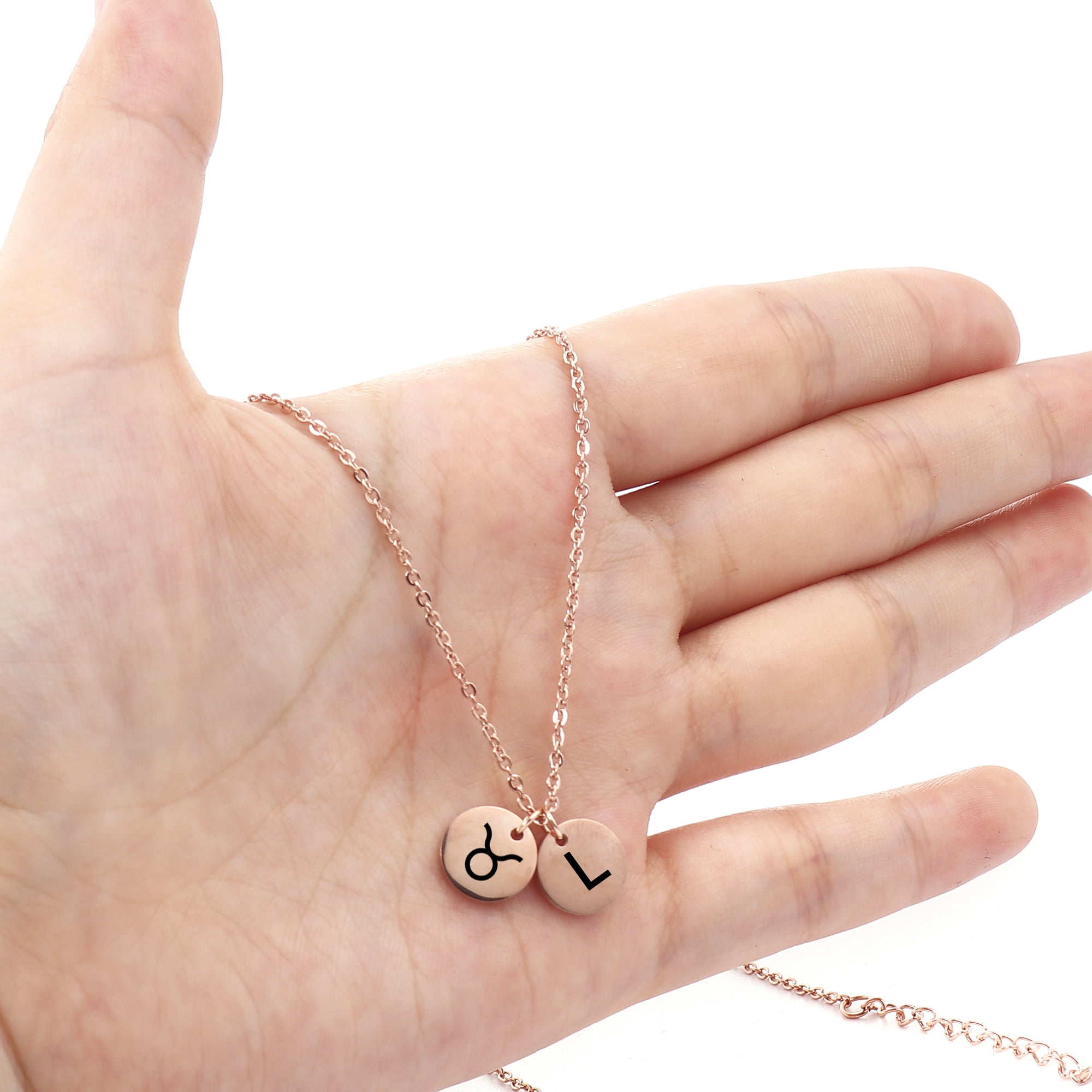 Anavia Stainless Steel Personalized Round Constellation Initial Necklace - Engraved Zodiac Symbol Jewelry Chain 18 inch
