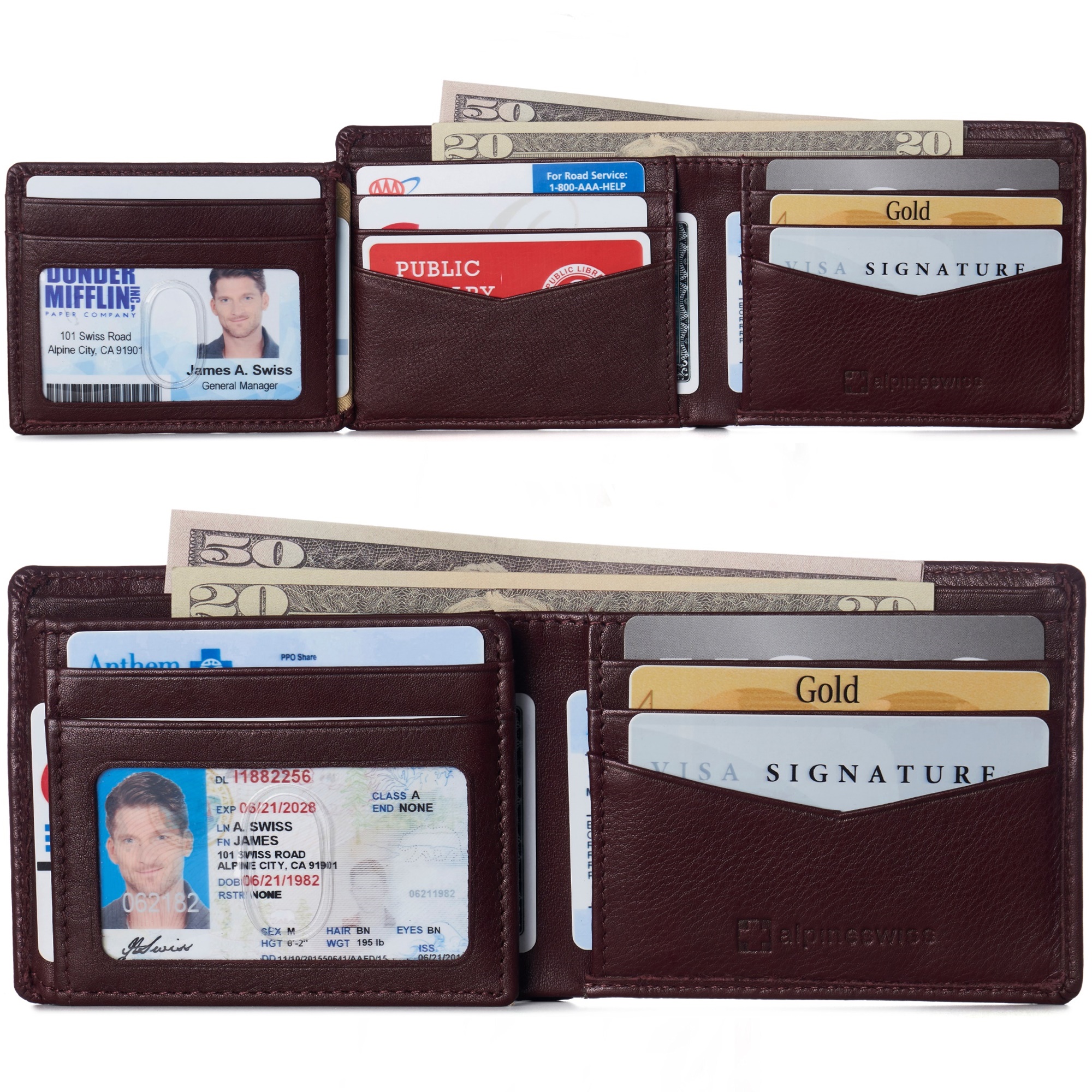 Alpine Swiss Mens Leather RFID Bifold Wallet 2 ID Windows Divided Bill ...