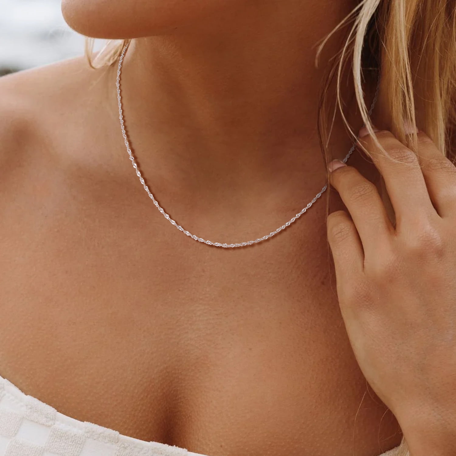 Suplight 925 Sterling Silver Women Necklace Waterwave Chain for Women 2mm 18"22" Slim Chain Jewelry Gift