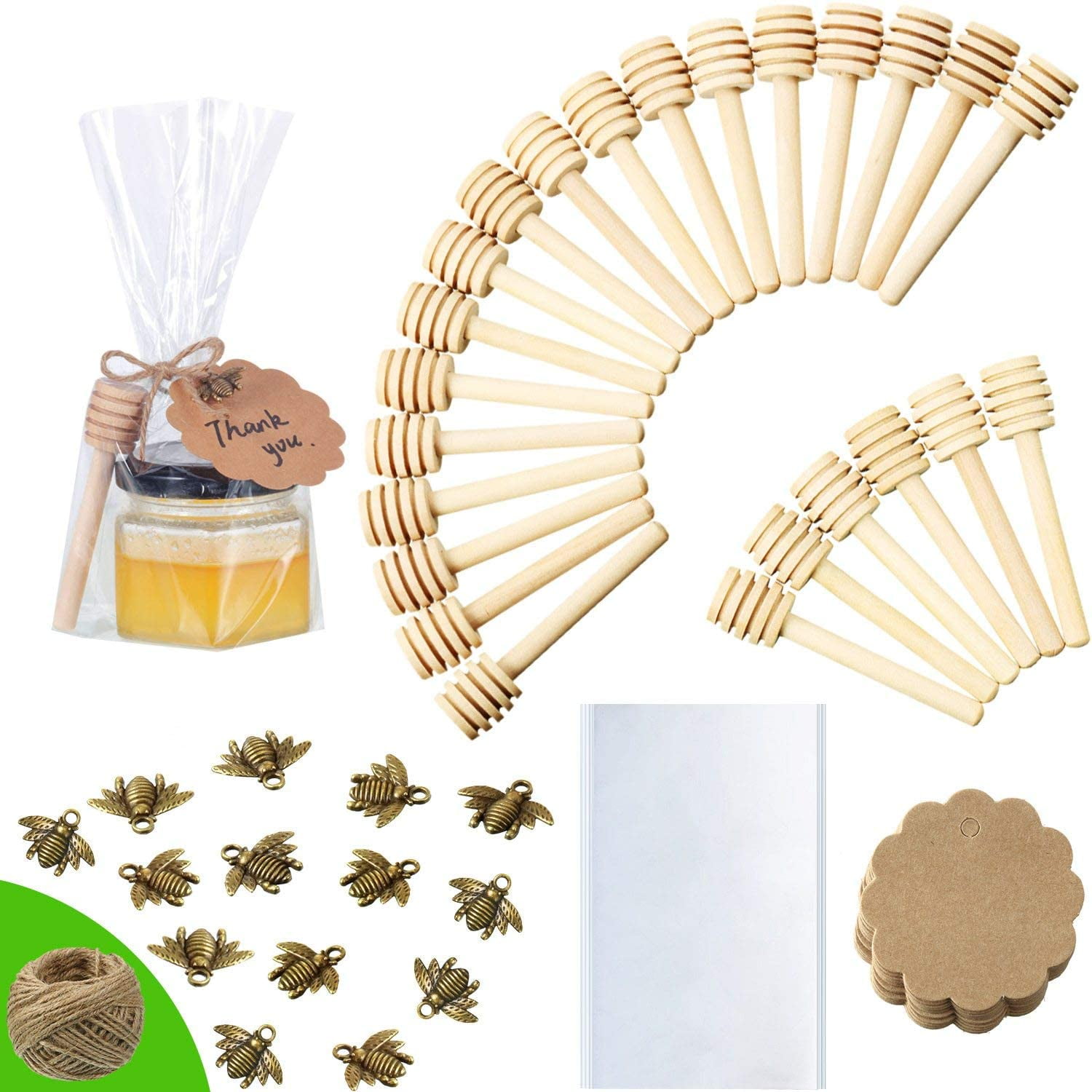 100Pcs 3 Inch Wood Honey Dipper Sticks With Natural Jute Twine