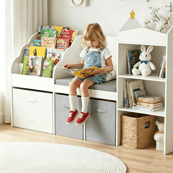 Kids Bookshelf with Reading Nook, 4 Cube Bookcase with 4-Tier Book Racks, 3 Movable Fabric Drawers and Seat Cushion, 60" Wide Toy Organizer for Bedroom, Playroom, White