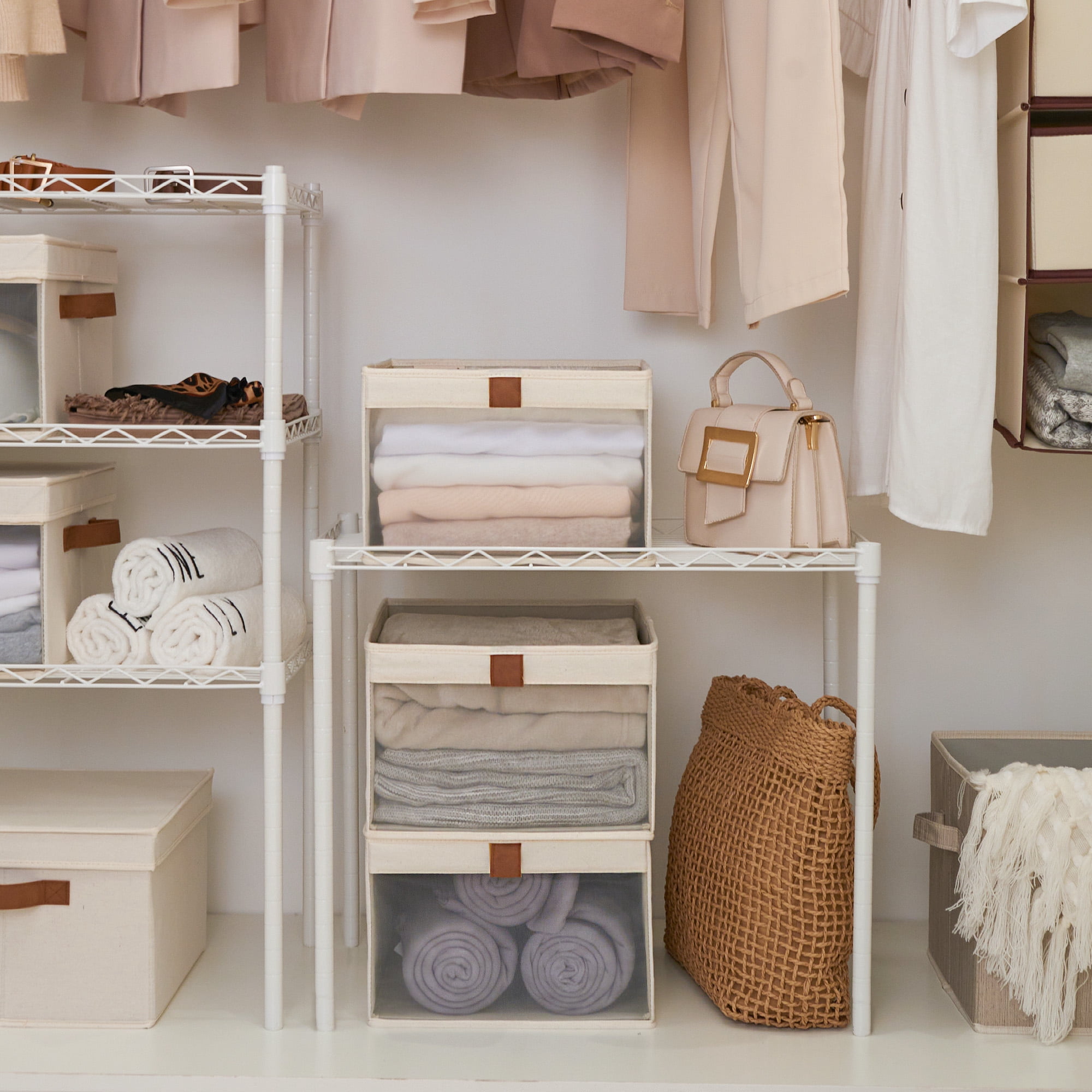 Foldable Storage Bins With PVC Window, Fabric Collapsible Storage Box For Closet Organization, Stackable Container, White, 12.4"x11.6"x8.1"