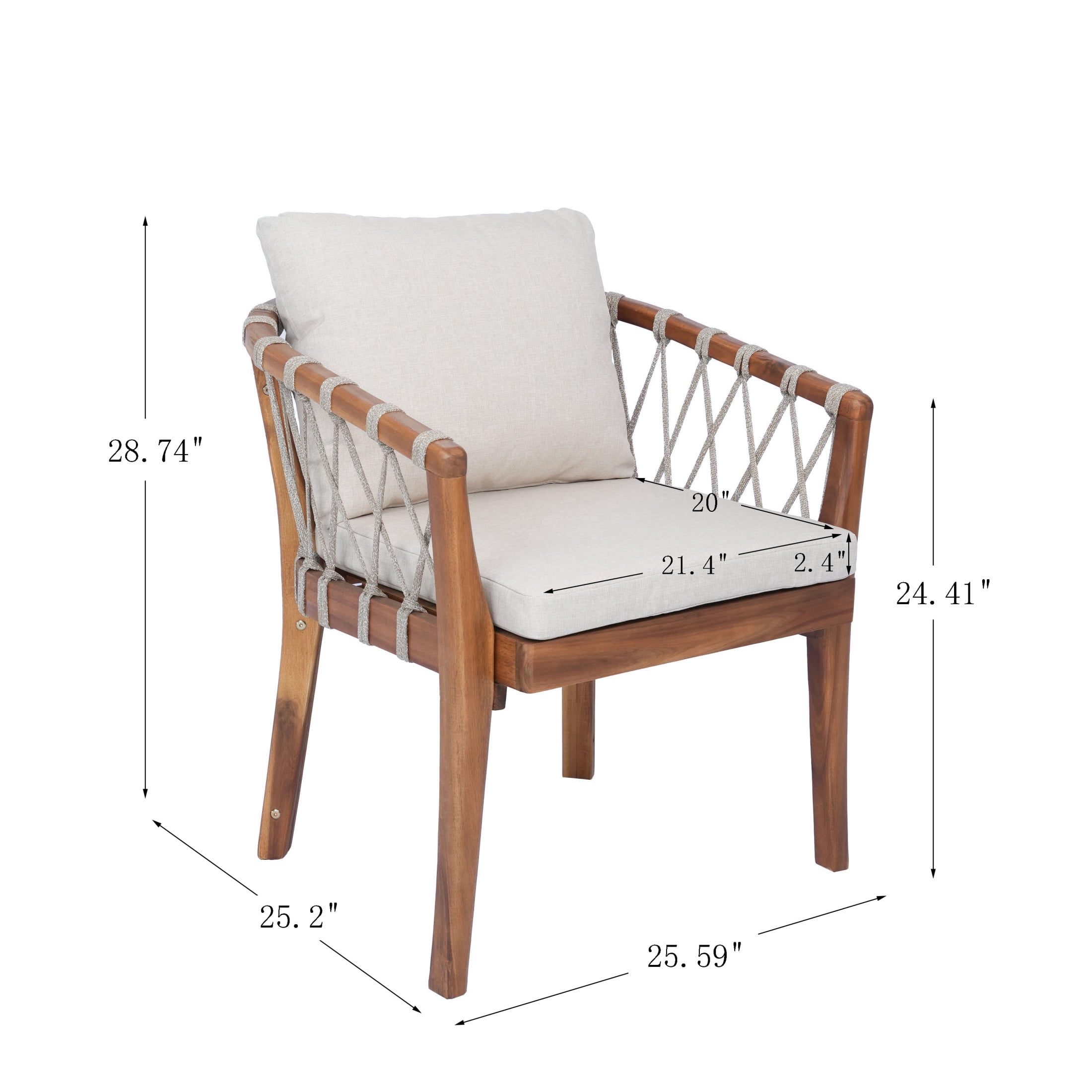 Christopher Knight Home Wood Patio Dining Chairs with Rope Weave and Cushions, Teak+Beige, Set of 2
