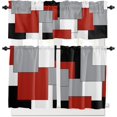 thumbnail image 3 of Abstract Red Black Grey White Kitchen Curtains Set | 3 Piece Rod Pocket Tiers & Valance | Geometric Plaid Small Window Treatment | Modern Decor, 3 of 6