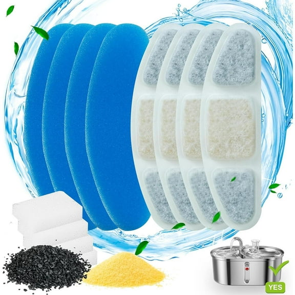 4 Pack Cat Water Fountain Filter,Pet Water Fountain Filter Replacement for 2 in 1 Stainless Steel 3L Cat Fountain,3 Layers Triple Filter System,Active Carbon Filter Set,Hand Tools Kits,Springtok