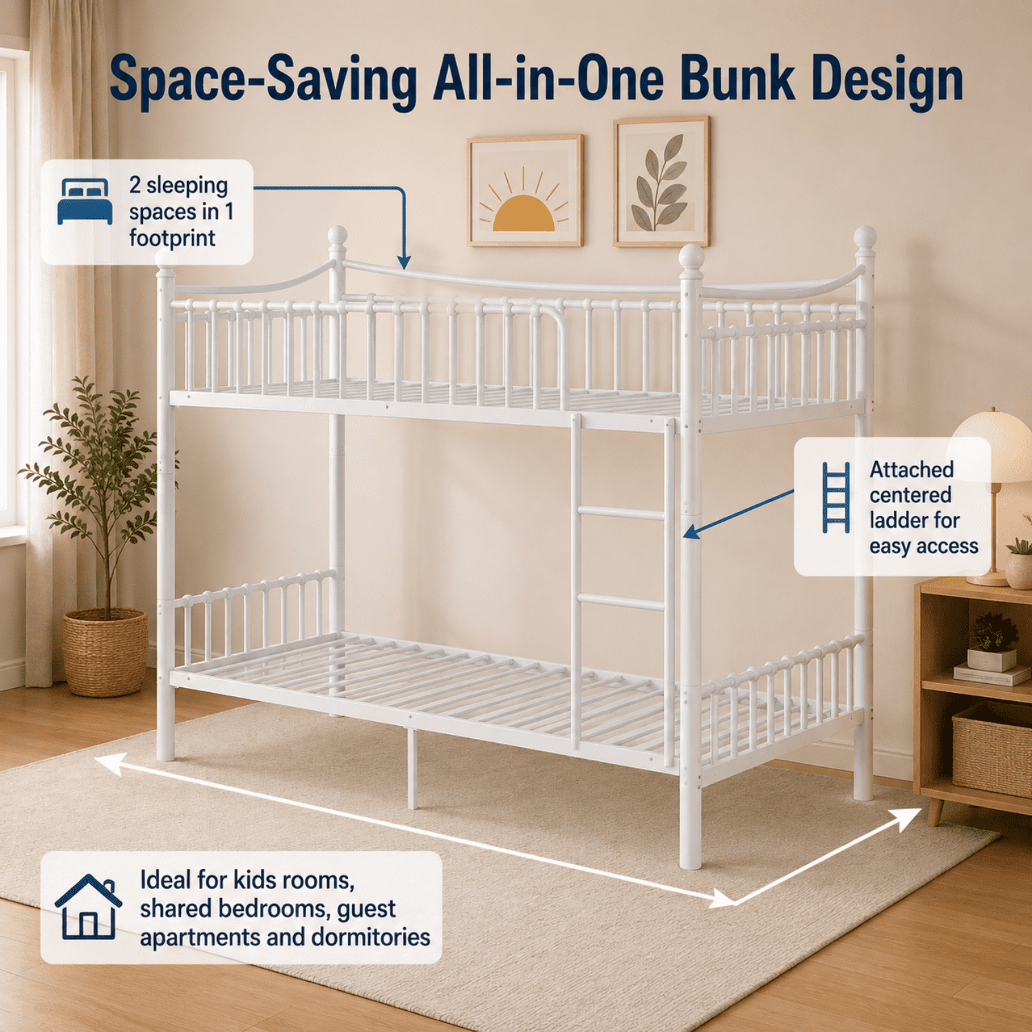 Miniyam Twin XL over Twin XL Metal Bunk Bed Frame with Curved Guardrails and Ladder, Space Saving Design, White