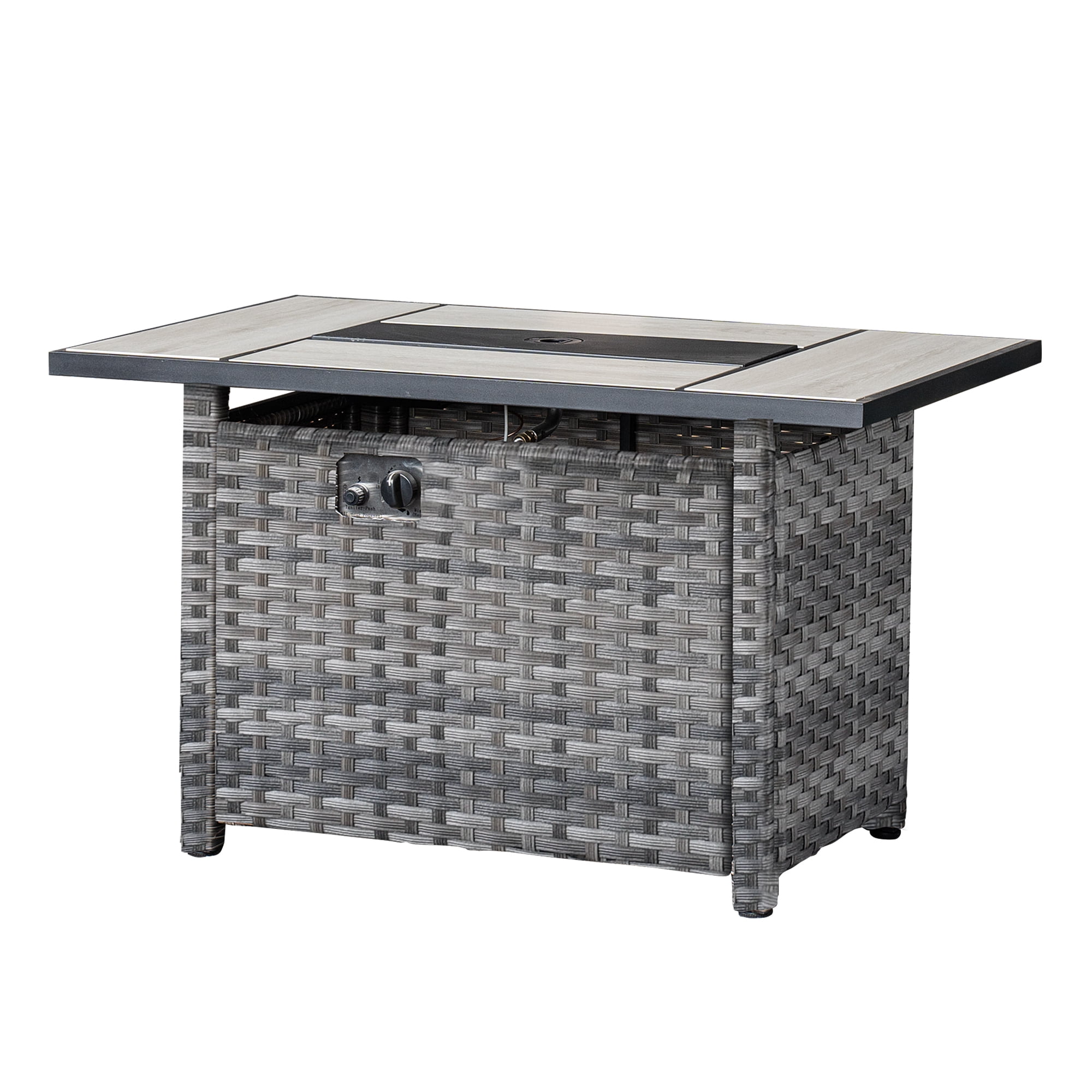 Ovios Outdoor Wicker Propane Fire Pit Table 42-Inch 50,000 BTU Flame Gas Fire Pits for Patio with Waterproof Cover & Lid Rectangle