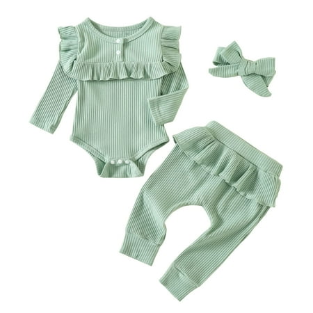 

U·nikaka Newborn Baby Girls Pajama Sets Rib Frill Long Sleeve Romper+Pant+Headband 3PCS (0-12M)