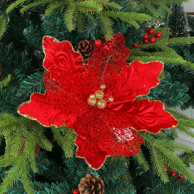 Decoración Navideña con Lentejuelas | Arreglo Floral de Nailon Artesanal con Encaje y Bordes Dorados | Adorno Navideño con Cascabeles | Elegante Decoración Navideña para El Hogar y La Oficina