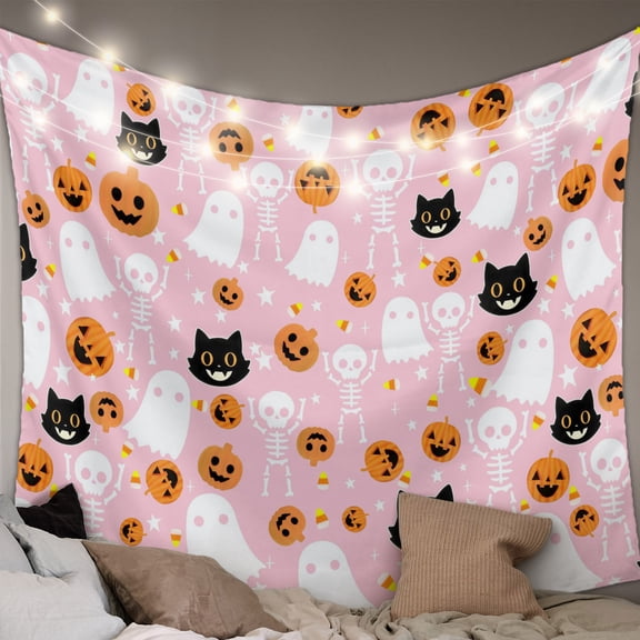 Halloween Pink Tapestry for Bedroom Wall Hanging Tapestry, Black White Ghost Orange Skull Pumpkin Ceiling Backdrop Tapestries Poster Blanket Wall Decor for Teens Room Living Room Dorm 51" x 59"