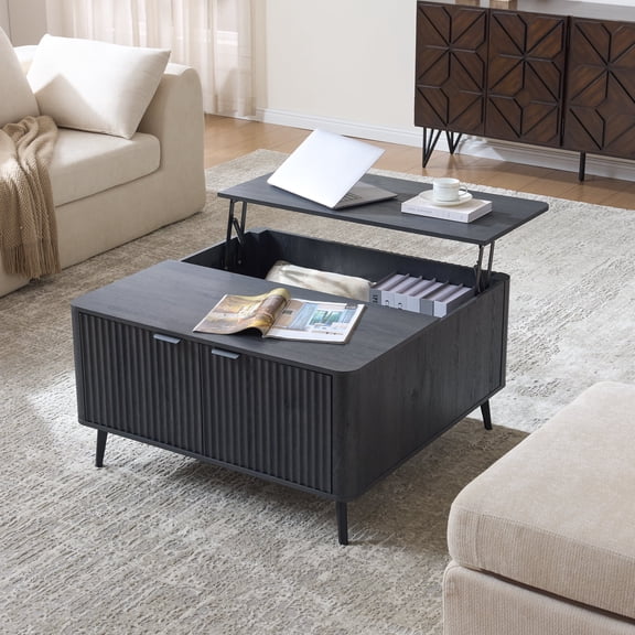35.4" Lift Top Coffee Table with Hidden Storage Compartment, Modern Fluted Square Center Table with Open Shelf for Living Room, Grey