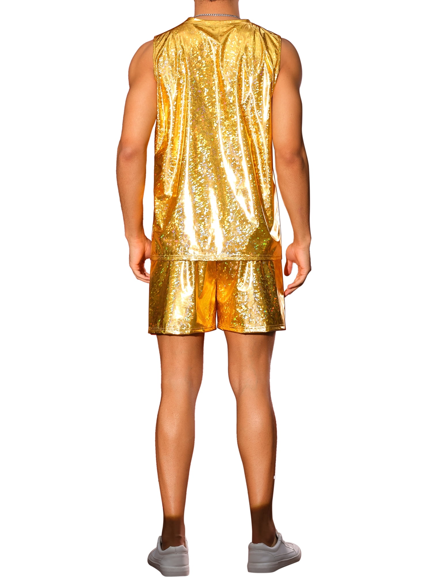 INSPIRE CHIC Holographic Tank Top and Shorts Set for Men's Party Disco Metallic 2 Pieces Outfits XL Golden