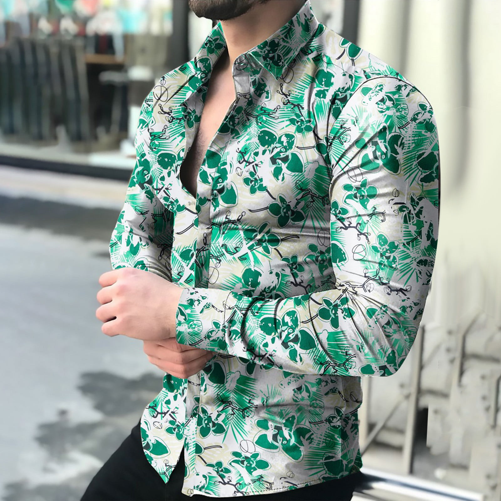 Abetteric Mens Loose Fit Printing Long Sleeve Business Blouses and Tops Shirts