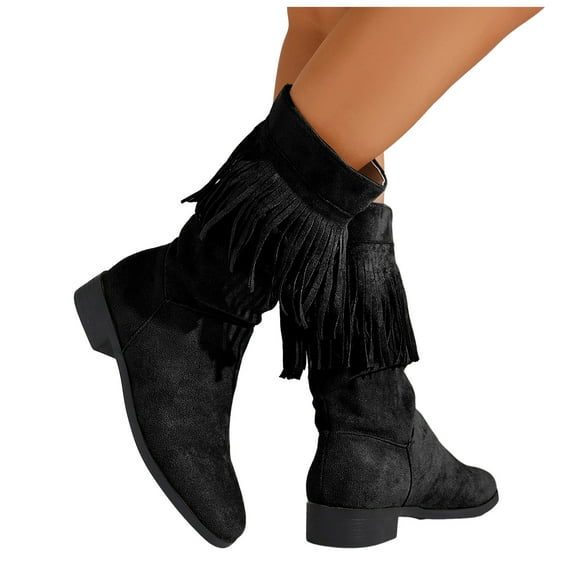Fringed Mid Calf Boots for Women Boho Suede Chunky Low Heel Long Tassel Winter Fall Tall Boots