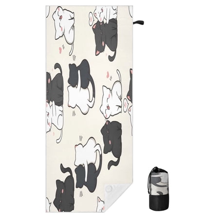 BZSMCE Soft Black and White Kitten For Beach Towel with Wind-Resistant Magnetic Corners And Mesh Carry Bag