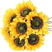 Hawesome Vintage Sunflowers Artificial Flowers 7 Pcs Faux Silk Sunflowers Bouquet Fake Real Touch Long Stems Floral for Wedding Party Centerpieces Home Decoration(Gold)