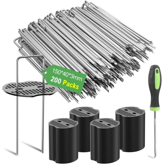 Graxury Lot de 200 Piquets de Jardin Robustes de 6 Pouces 11 Gauge avec Joint de 200 Piquets - Agrafes en Acier Galvanisé pour Ancrage Sécurisé Tissu Désherbant Paysage, Filetage