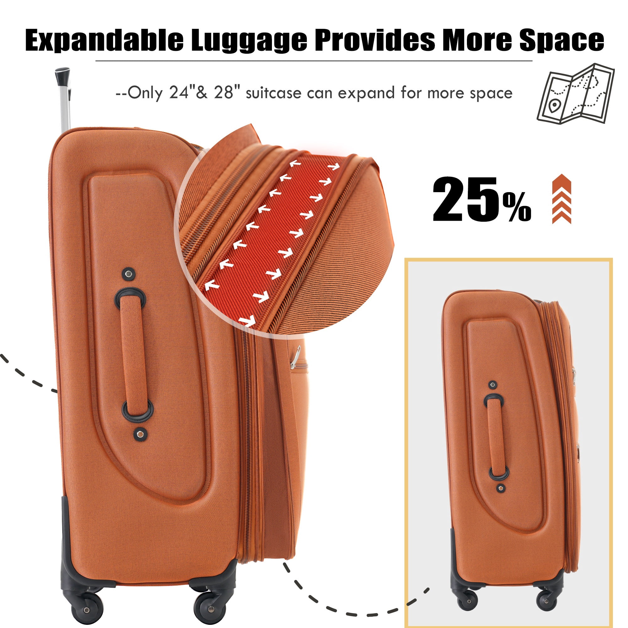 PAPROOS 3 PCS Luggage Set with Duffel Bag, Lightweight Carry on Softside Suitcases Set, 20in 24in 28in Expandable Suitcase with Spinner Wheel and TSA Lock, Softshell Luggage Travel Set, Orange