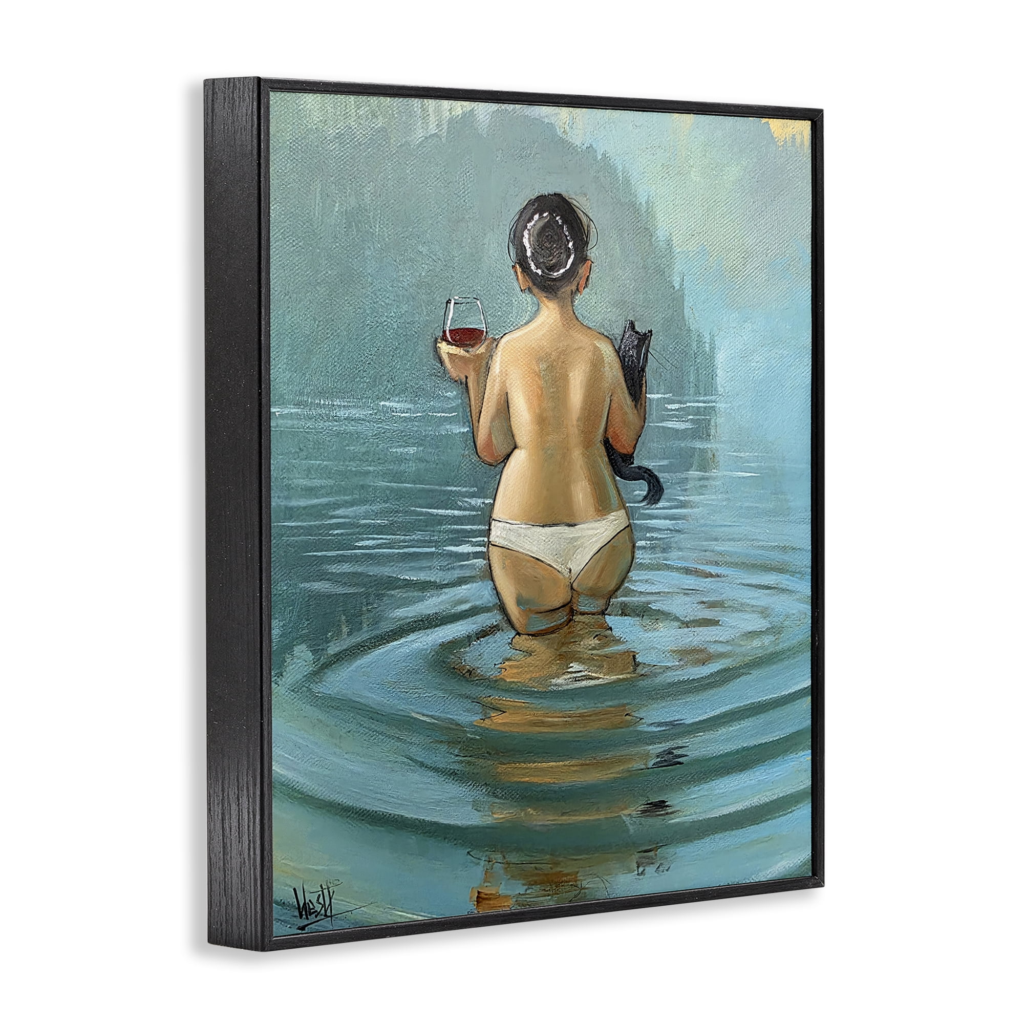 Stupell Industries Cat & Wine Dip At Twilight Black Framed Giclee Art, design by Ronald West