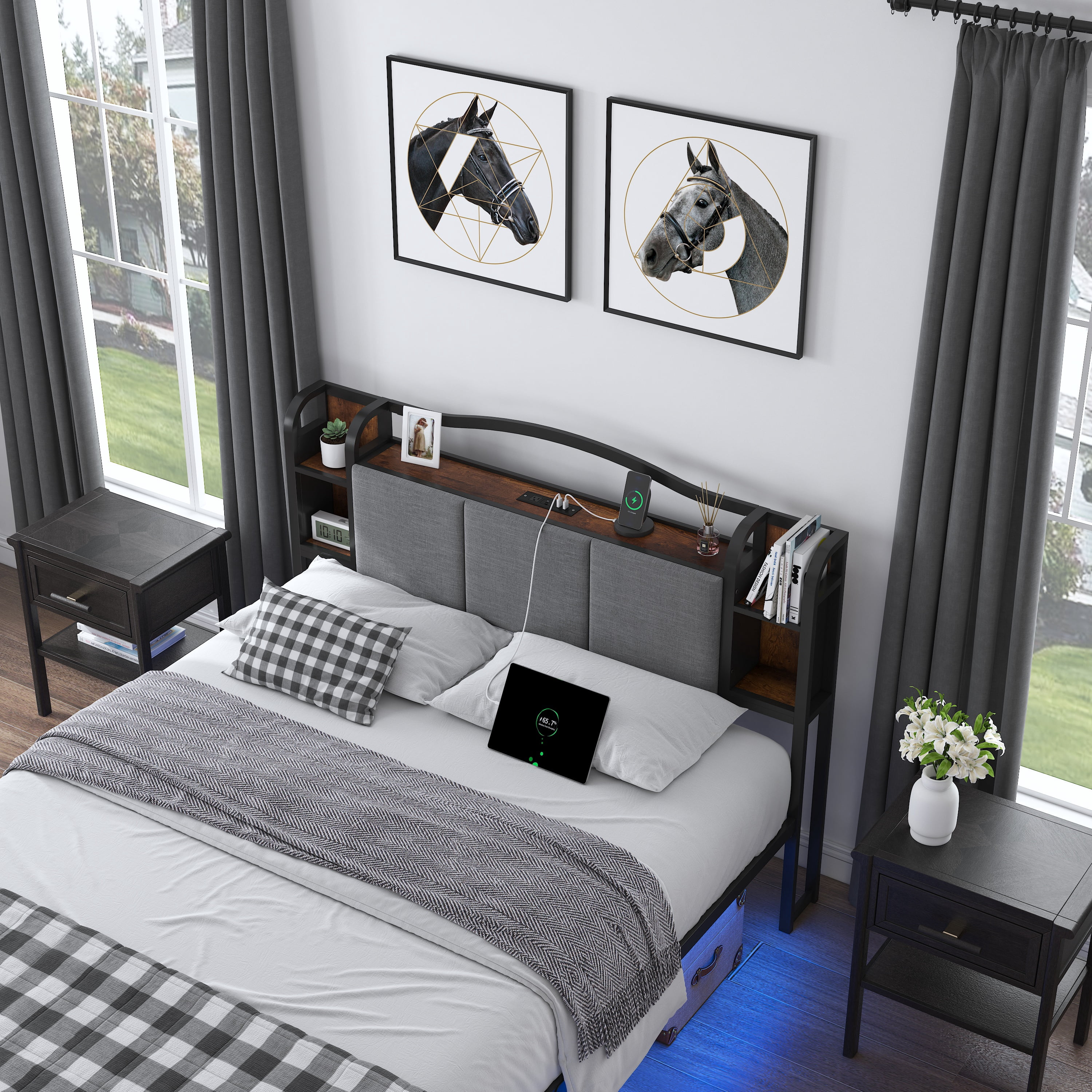 QUEEN 14In Bed Frame with RGB Lights Fabric Upholstered Headboard USB Socket