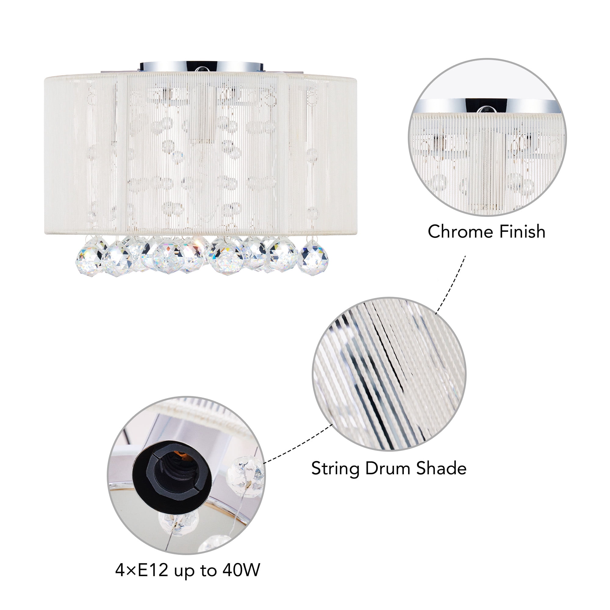Modern Chandelier for Dining Room Master Bedroom Decor, Crystal Dining Room Light Fixture with K9 Crystal Beads and String Netted Drum Shade, Semi Flush Small Chandelier Ceiling Light