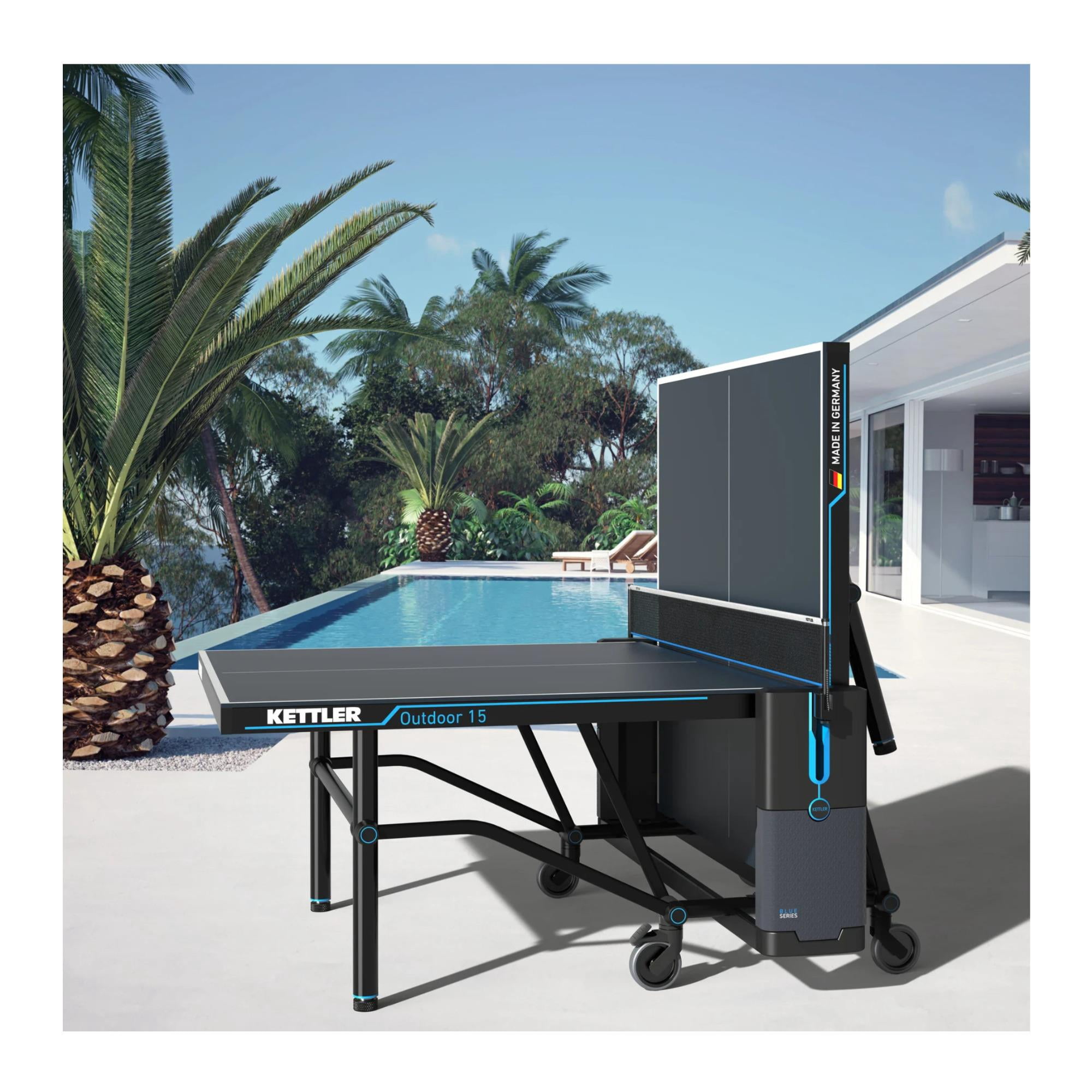 Kettler Outdoor 15 Table Tennis Table with One-Handed Folding Mechanism and Enclosed Racket Storage Compartment