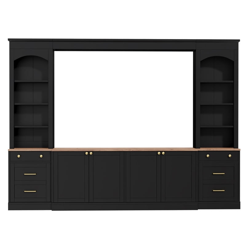 Farmhouse Arched Entertainment Center Wall Unit with Bookshelves, 106" Large TV Stand with Storage Cabinets and Drawers, Retro Wood Grain Media Console for TVs Up to 70"