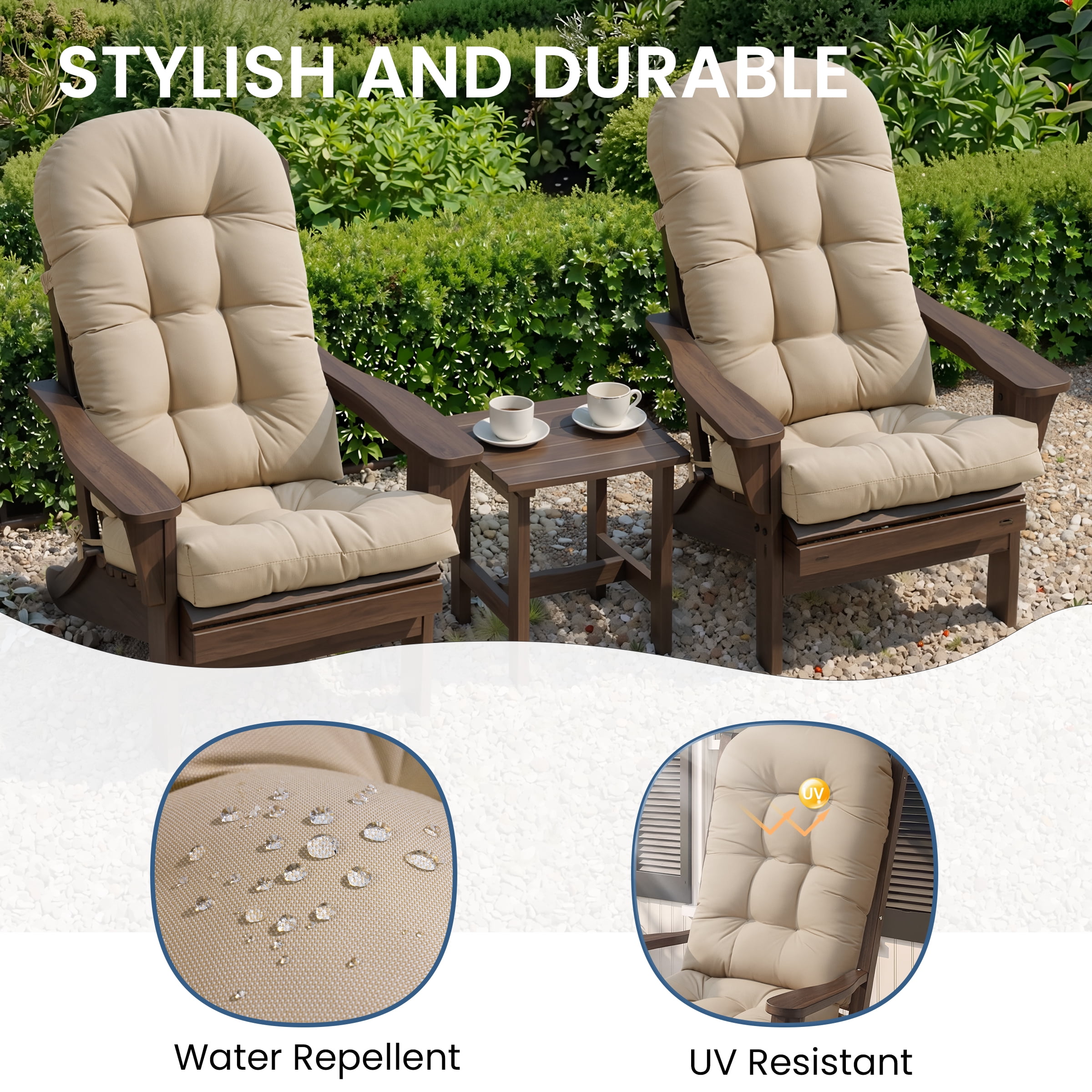 Crestlive 50x20x4 Inch Adirondack Chair Cushion, Outdoor Rocking Chair Cushions Water Resistant High Back Patio Chair Cushions Set of 2, Replacement Cushions，Beige