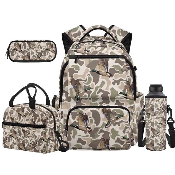 HUISEFOR Duck Camo School Backpack Set for Girls Boys, 17 Inch Flap Backpack School Bag with Lunch Bag, Pencil Case and Water Bottle Holder for Preschool Elementary Bookbag Set