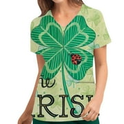 TopLLC Womens Plus Size Scrubs Fashion Women St. Patrick's Day Printing Short Sleeve V Neck Tops Nursing Working Uniform Casual Nurse Shirts Scrubs on Clearance