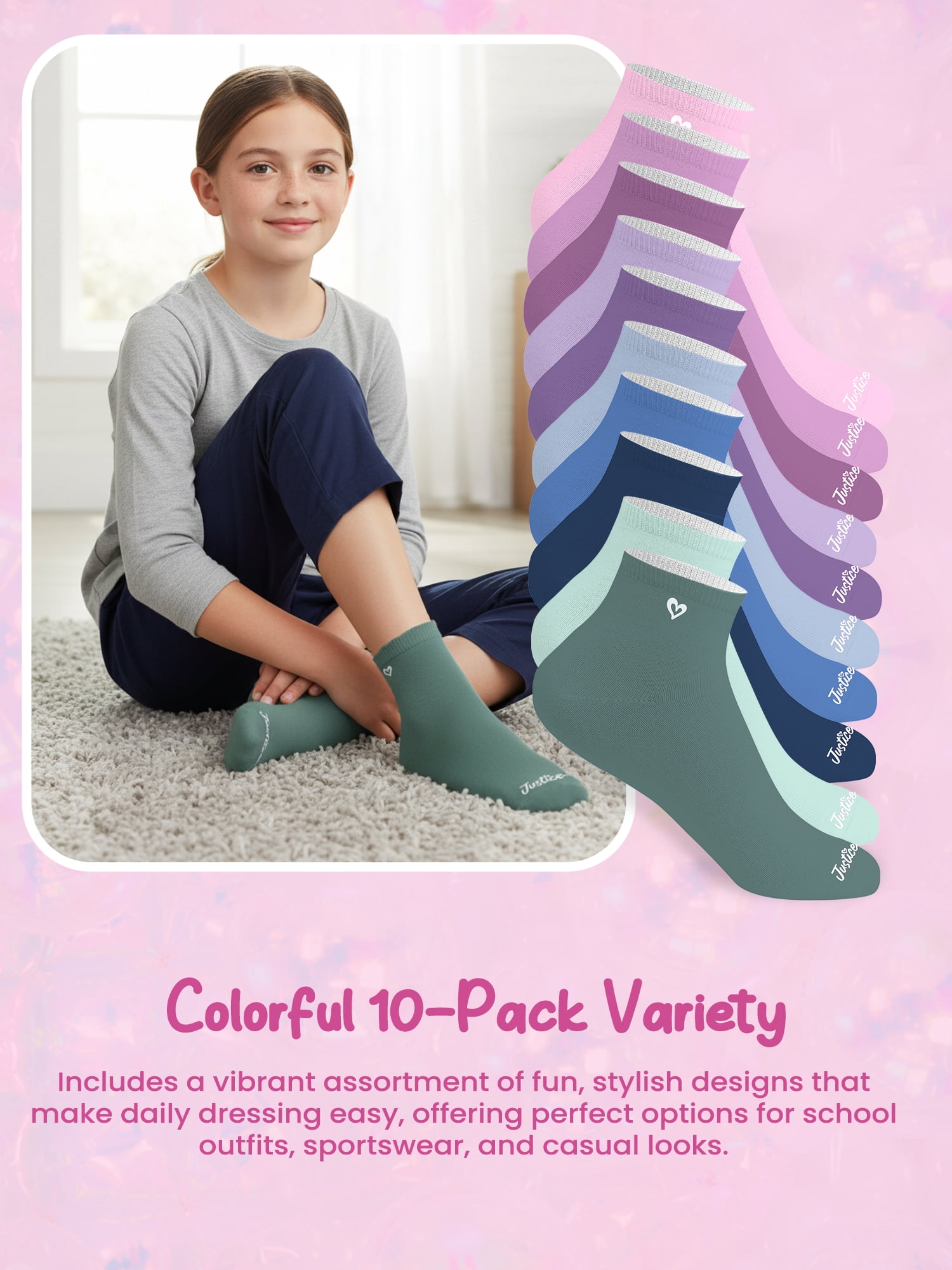 Justice Cushion Embroidered Quarter Socks for Girls for Daily Wear, 10 pack Pink Multi Color