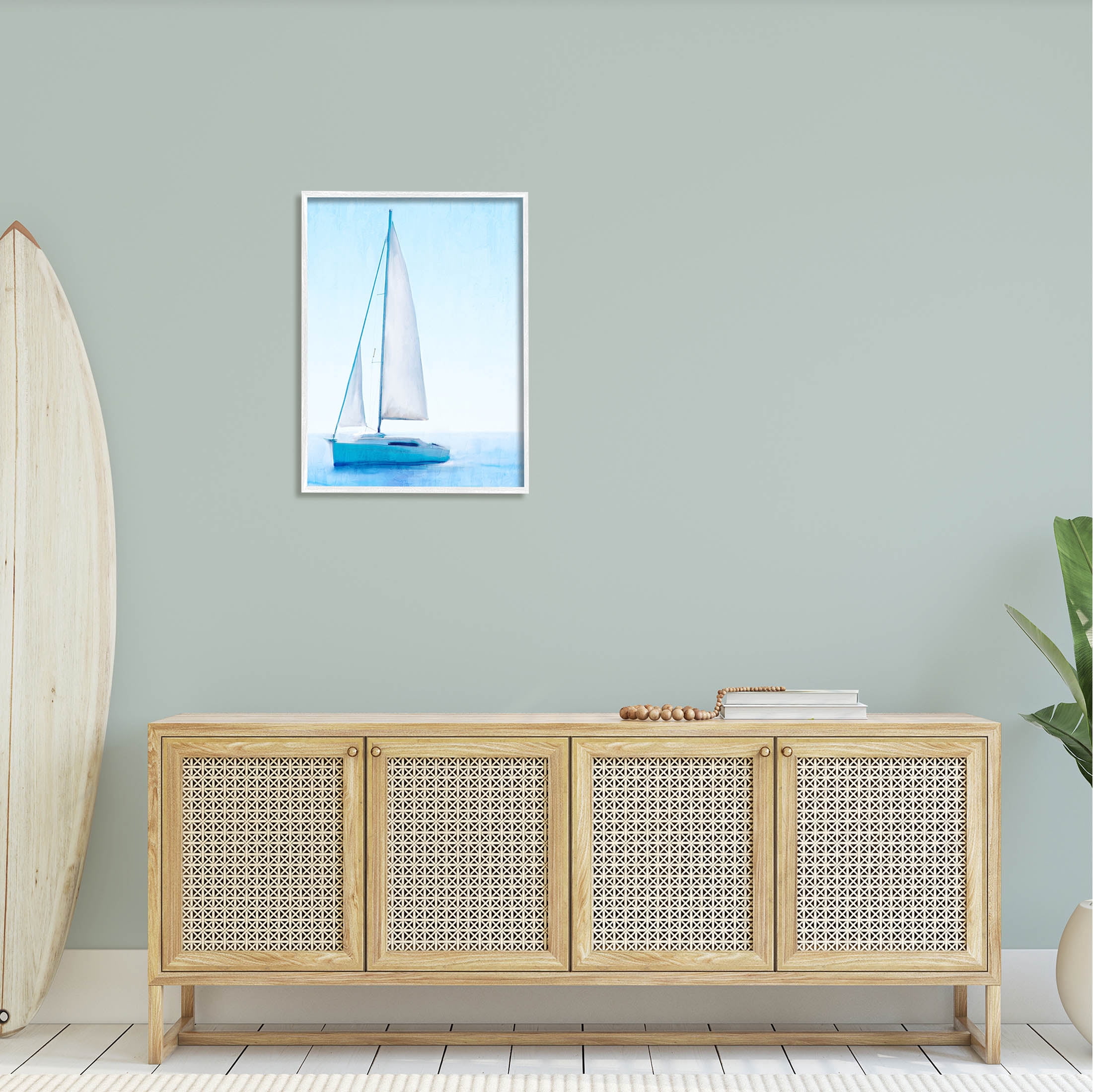 Stupell Industries Sailboat Drifting Blue Ocean Sky Graphic Art White Framed Art Print Wall Art, Design by Kim Allen