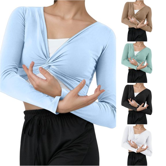 NinXxx Women's Modern Dance Wrap Long Sleeve Slim Fit Yoga Workout T Shirt Light Blue XXL